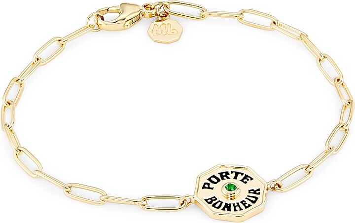 Women's Je Porte Bonheur 14K Yellow Gold, Emerald & Black Enamel Paper Clip Chain Bracelet - Emerald