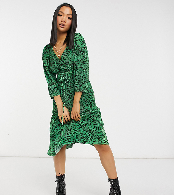 ASOS DESIGN Petite midi plisse wrap long sleeve belted dress in green  animal print - ShopStyle