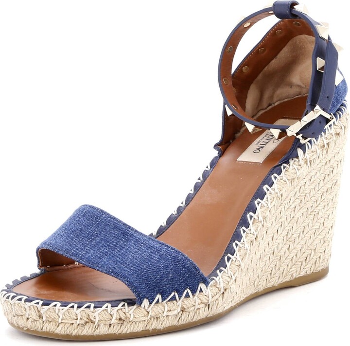 VALENTINO GARAVANI Women's Rockstud Ankle Strap Double Wedge Sandals Denim