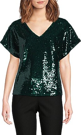 MelloDay Sequin V-Neck Short Dolman Sleeve Blouse