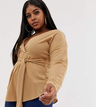 PrettyLittleThing Plus Plus blouse with tie waist in camel