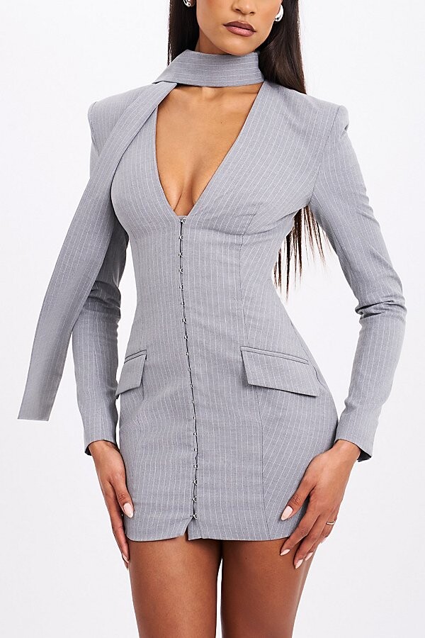 Miss Circle Tahlia Pinstripe Scarf Blazer Dress in Light Grey