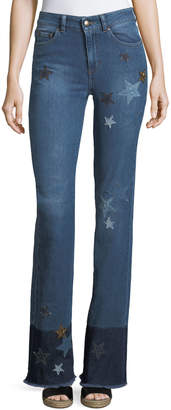 RED Valentino Stone-Washed Stretch Denim Jeans w/ Star Patches