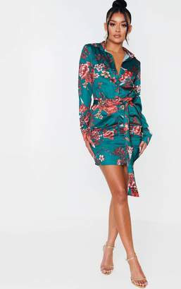 PrettyLittleThing Emerald Green Floral Print Satin Ruched Shirt Dress