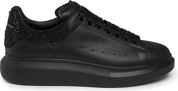 Men's Oversized Crystal Heel Leather Low-Top Sneakers - Black - Size 6