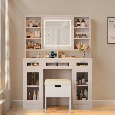 Makeup Vanity With Led Sliding Mirror, 3 Drawers, 2 Rgb Cabinets, Open Shelves, Charging Station And Storage Stool