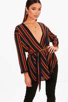 Thumbnail for your product : boohoo Stripe Wrap Tie Waist Blouse