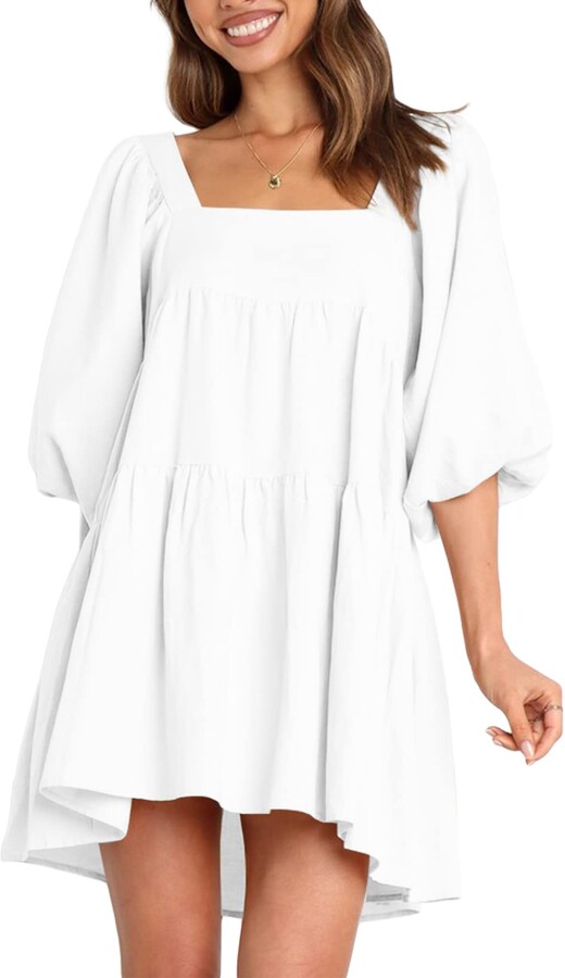 Elegancity Women's Casual Babydoll Mini Dress Short Puff Sleeve Square Neck  Summer Solid Maternity Dress Shirts (White Small) - ShopStyle