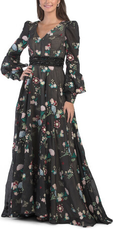 TJMAXX Long Sleeve Floral Embellished Gown For Women, Polyester