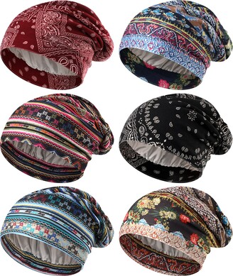Sintege 6 Pieces Satin Lined Sleep Cap for Women African Silk Bonnet Beanie  for Sleeping Hair Natural Curly Hat (Stylish Patterns) - ShopStyle