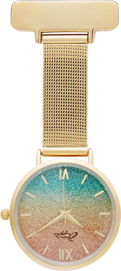 Bermuda Watch Company Annie Apple Aurora Rainbow Glitter Gold Mesh Nurse Fob Watch