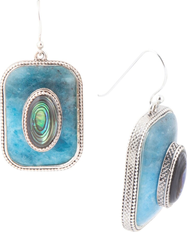 Barse Blue Apatite and Abalone Stacked Sterling Square Drop Earrings - Genuine Apatite Abalone