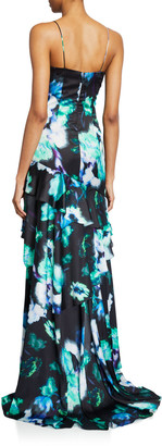 Theia Charm Abstract Floral Sleeveless Ruffle-Trim Gown