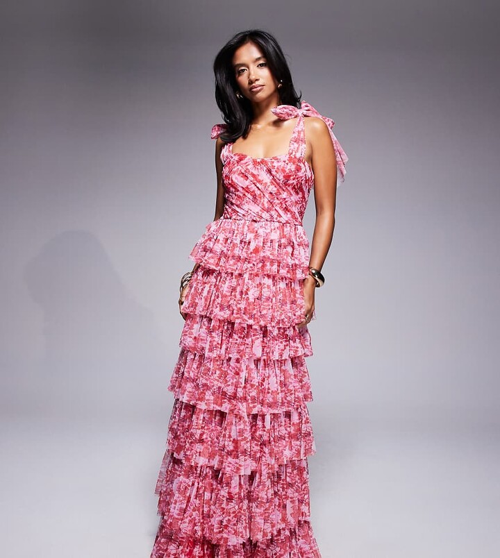 Lace & Beads Petite bow shoulder tiered tulle maxi dress in red floral