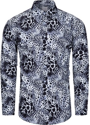 Men Leopard Print Shirts Long Sleeve Animal Print Casual Shirt