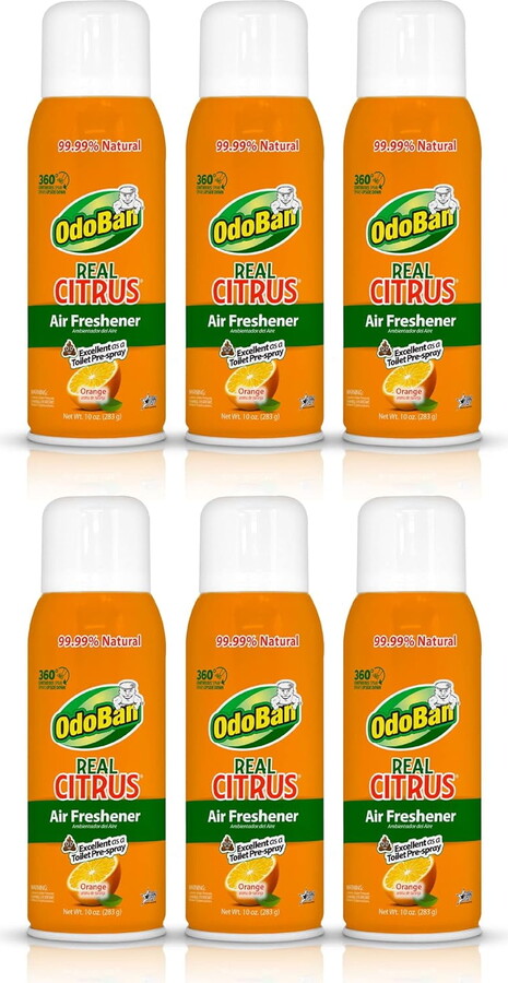 OdoBan Aroma Eliminator, 360-Degree Continuous Spray Natural Oil Real Citrus Air Freshener, Toilet Spray, 6-Pack, 10 Ounces Each, Orange Scent