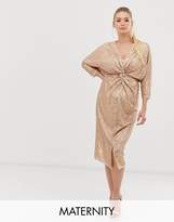 Thumbnail for your product : TFNC Maternity Maternity 3/4 sleeve waist knot midi dress in rose gold