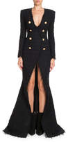 Thumbnail for your product : Balmain Deep-V Double-Breasted Front-Slit Tweed Evening Gown