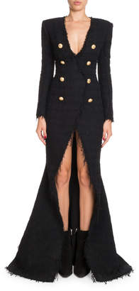 Balmain Deep-V Double-Breasted Front-Slit Tweed Evening Gown