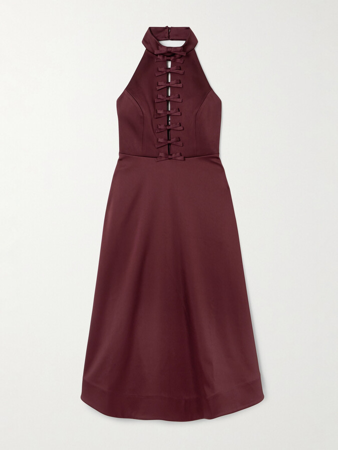 Rebecca Vallance Cutout Bow-detailed Duchesse-satin Halterneck Midi Dress - Burgundy