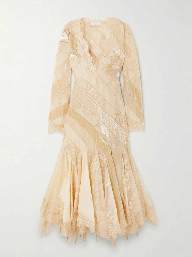 Zimmermann - Eden Ruffled Paneled Lace-trimmed Devoré-velvet And Linen Maxi Dress - Cream