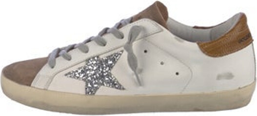 Golden Goose Superstar Low Top Sneakers White Leather Colorblock Pattern Rubber & Suede Trim Distressed & Glitter Accents Round-Toes Lace-Up Closure at Uppers Designer