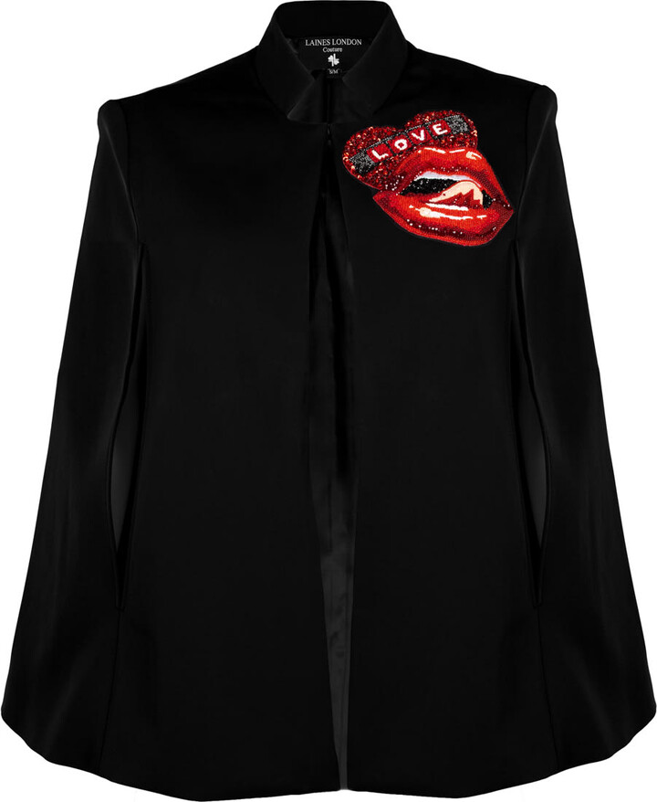 Laines London Black / Red Laines Couture Tailored Cape With Embellished Red Love Lips