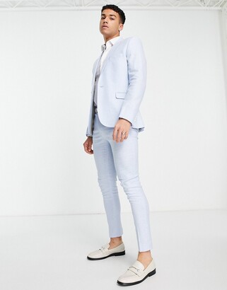ASOS DESIGN wedding super skinny suit jacket in linen mix blue puppytooth check