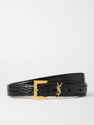 Saint Laurent Embellished Croc-effect Leather Belt - Black