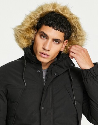 Jack and Jones Originals short parka jacket with faux fur hood in black -  ShopStyle