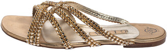 Gina Gold Leather Crystal Embellished Flat Slides Size 38.5