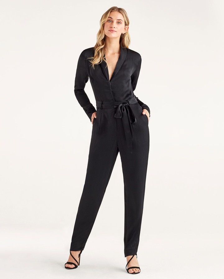 7 For All Mankind Satin Shawl Collar Jumpsuit in Jet Black ShopStyle