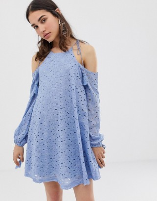 J.o.a. Swing Dress With Cold Shoulders And Tassel Ties In Lace