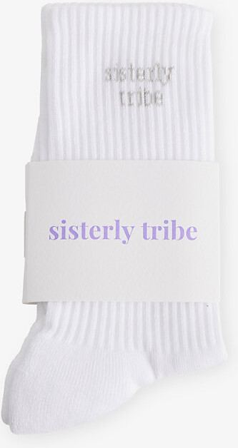 Sisterly Tribe Womens White/ Grey Logo-Print Stretch Cotton-Blend Crew Sock 1Size