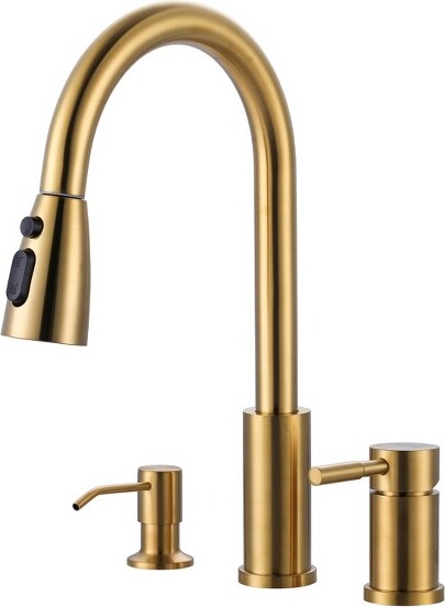 WOWOW4in.SingleHandlePullDownSprayerKitchenFaucetwithSoapDispenserinGold