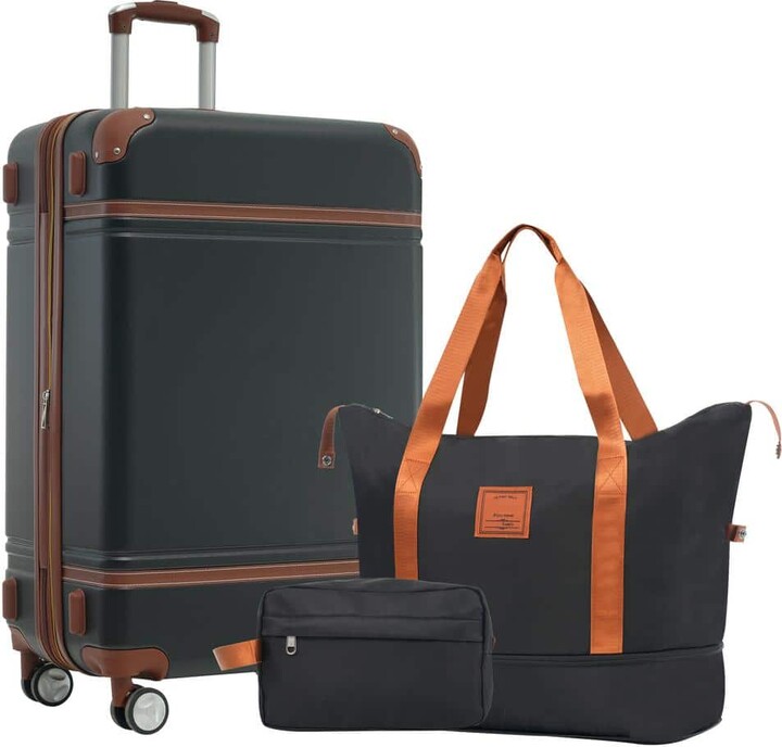 Merax 3-Piece Black ABS Hardshell Double Spinner 24in. Luggage Set with an Expandable Travel Duffel Bag, a Toiletry Bag