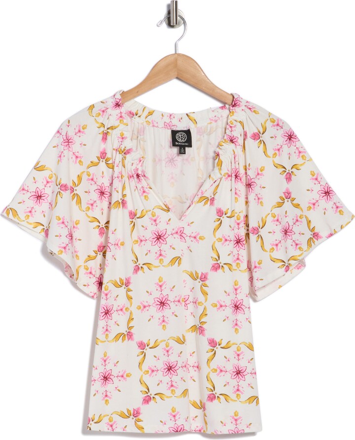 Bobeau Ruffle Split Neck T-Shirt