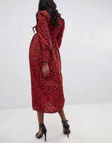 Thumbnail for your product : Queen Bee long sleeve shirred bust midi dress in red leopard