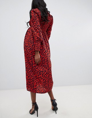 Queen Bee long sleeve shirred bust midi dress in red leopard