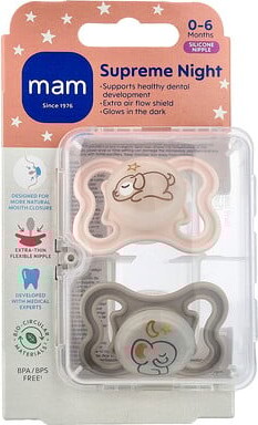 Mam MAM, Supreme Night Pacifier, 0-6 Months, Pink & Grey , 2 Count