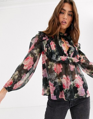 Asos Design DESIGN floral blouse with ruffle and lace detail