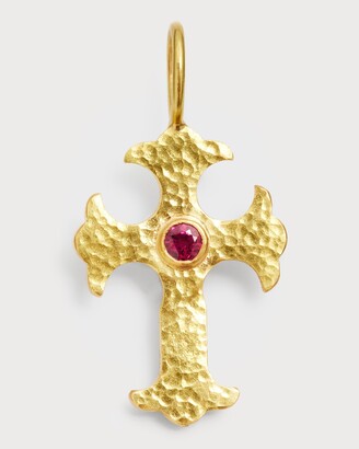 Elizabeth Locke 19K Yellow Gold Gothic Cross Pendant with 3.5mm Ruby Center