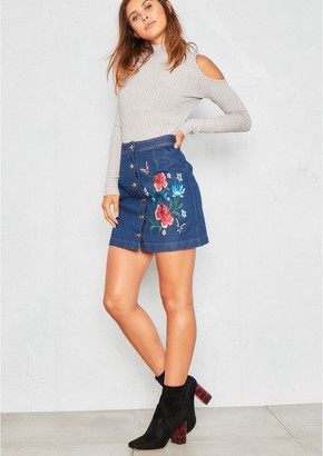 Missy Empire Kai Denim Floral Embroidered Button Up Mini Skirt
