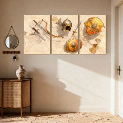 Bungalow Rose Fashion Ancient Weapons And Armor Artwork Display Set of 3 Canvas Wall Art Prints