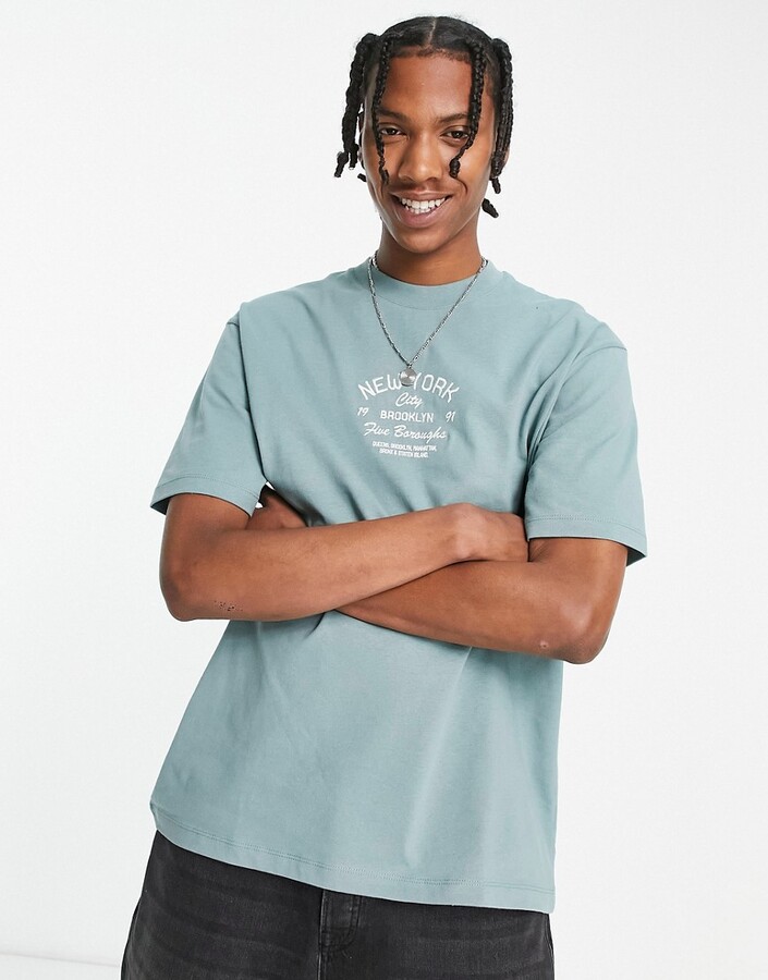 Topman oversized t-shirt with New York borough embroidery in teal -  ShopStyle