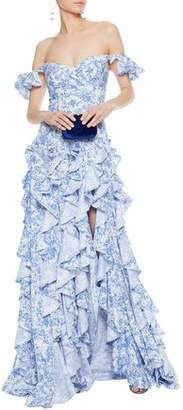Caroline Constas Off-The-Shoulder Ruffled Printed Cotton-Poplin Gown