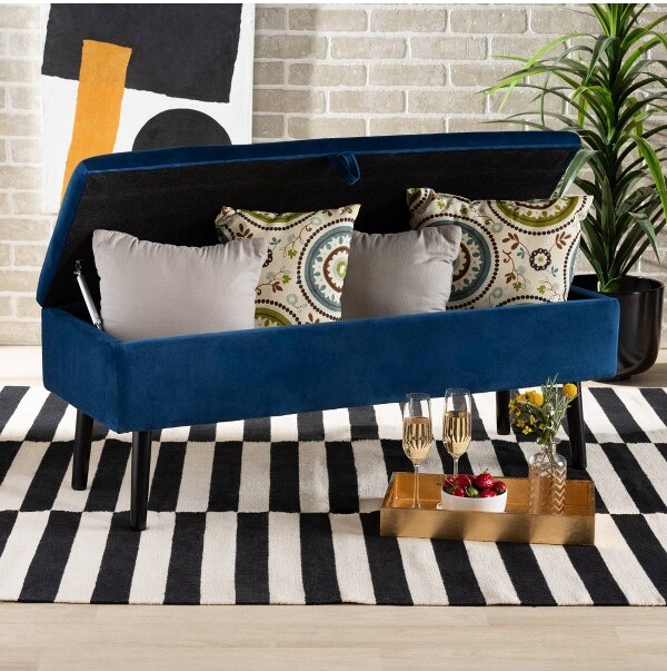 Baxton Studio Caine Velvet Wood Storage Bench Upholstered Bedroom Ottoman, End-of-Bed Seating