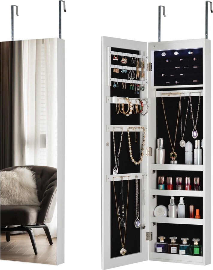 GEROJO WallMounted Full Mirror Jewelry Storage With LED Lights