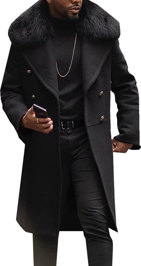 Winter Trench Overcoat Fashion, Men S Black Cotton Pea Coat With Fur Collar