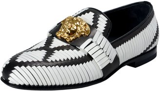 Versace Men's Two Tone Leather Logo Decorated Loafers Slip On Shoes